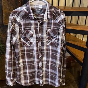 BKE Men's Casual Plaid Shirt Brown, and White with Pearl snaps size Large